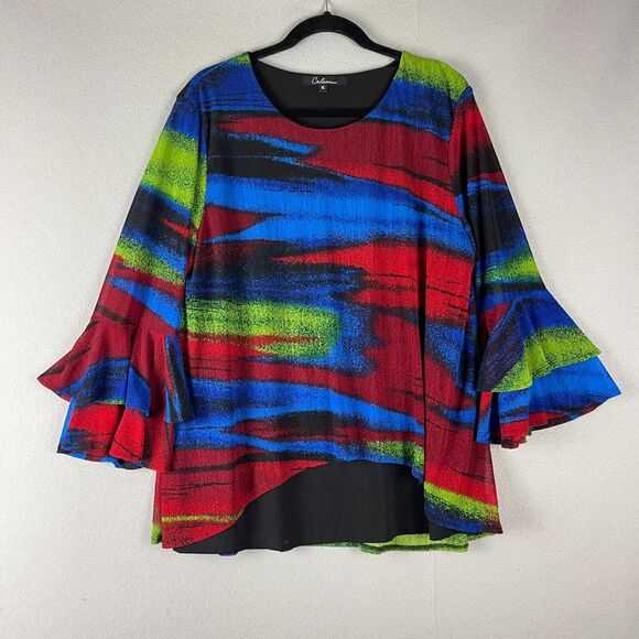 Calessa Tunic Top Womens XL Flared Sleeve Sheer Lined Abstract Colorful Artsy - Picture 1 of 15